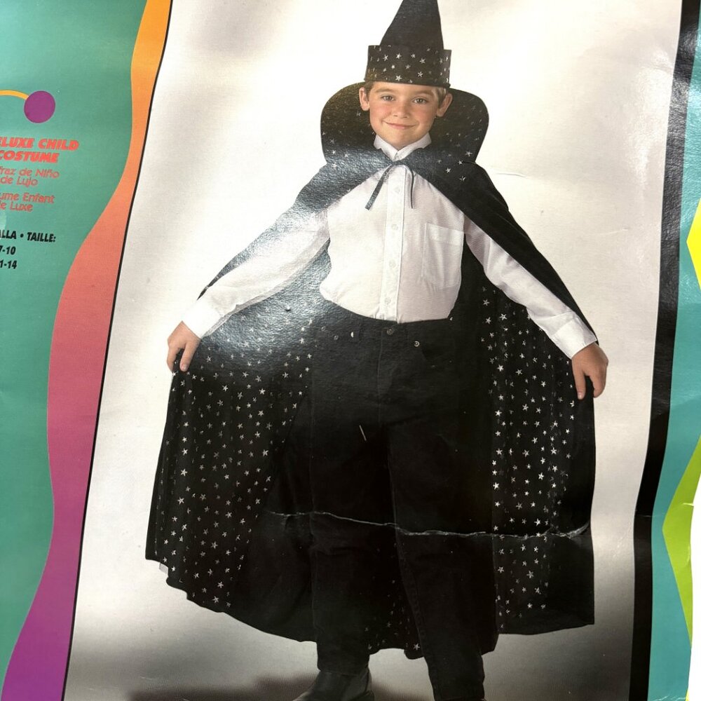 * Wizard’s Black Velour Silver Net Star Lining Cape  & Hat NWT NOS